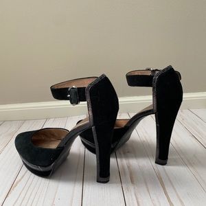 Black patent suede with snakeskin trim details.  4” heels.